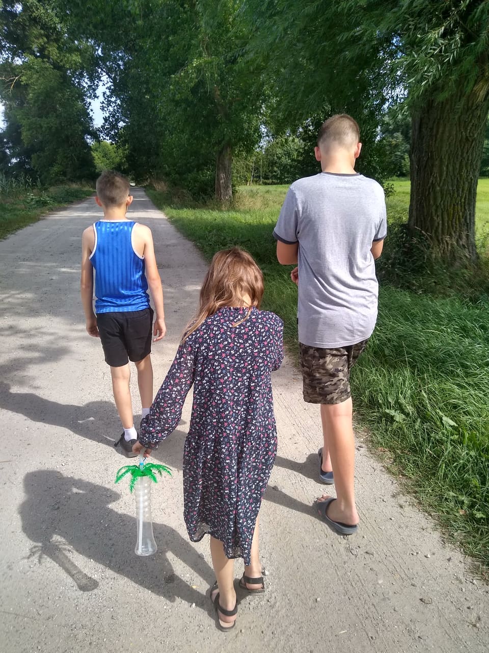 troje dzieci idzie na spacer